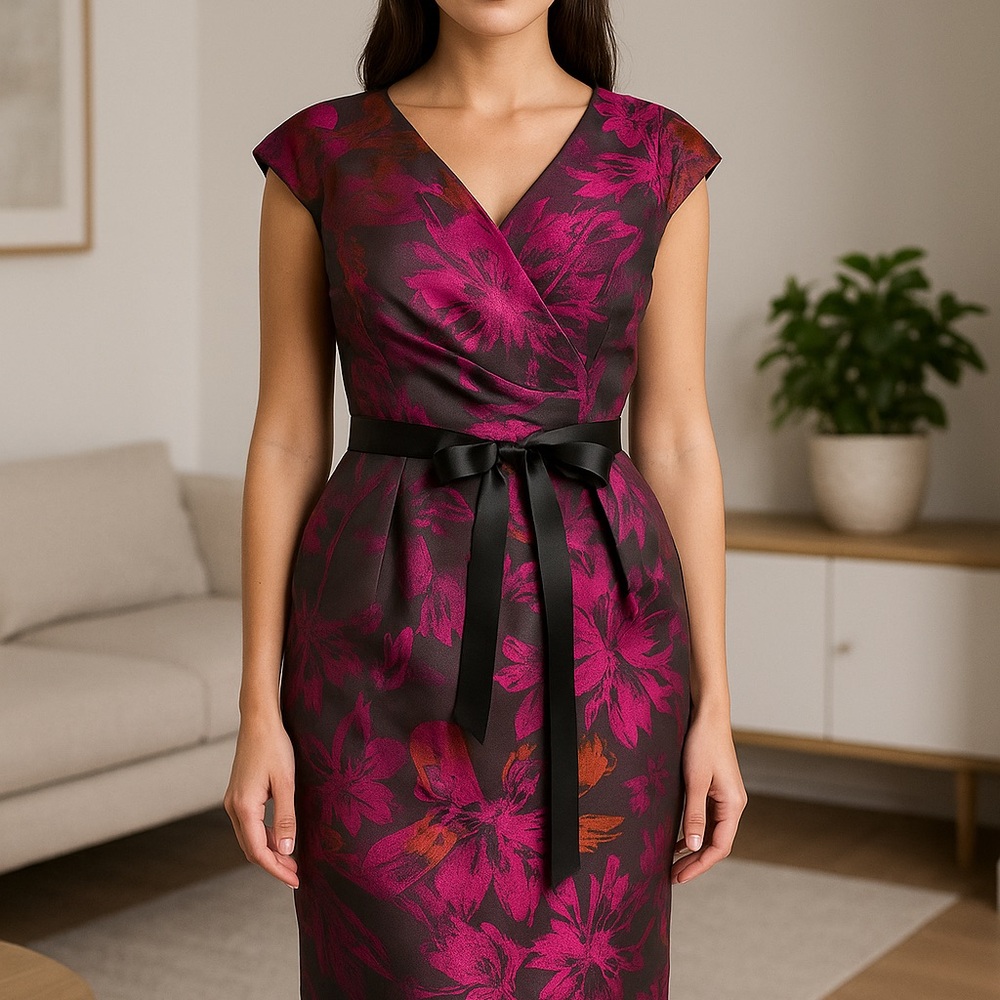 Alex Evenings Pink Sheath Midi Dress with Flutter Sleeves